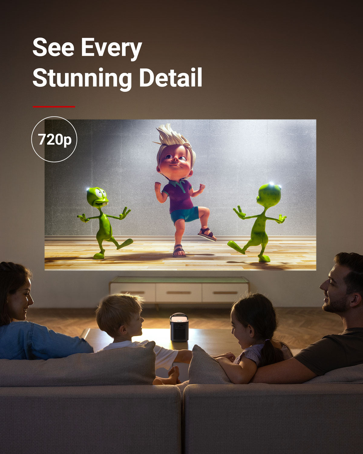 A mom, dad, son, and daughter smile as they use a Mars 2 Pro portable projector to watch a cartoon in their living room.